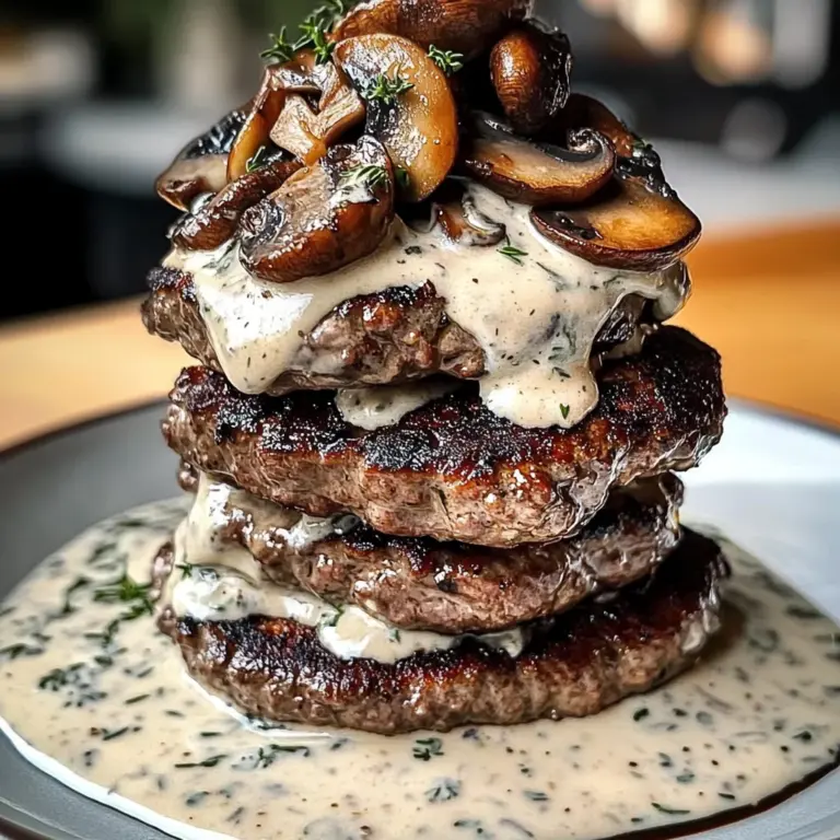 Beef And Mushroom Stack With Thyme Feta Cream Sauce