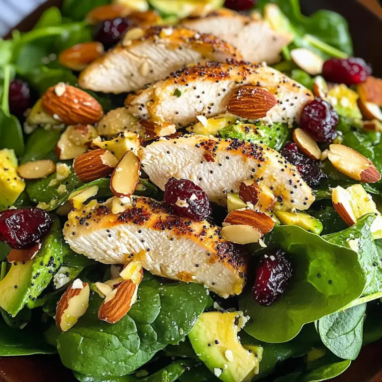 Cranberry Avocado Spinach Salad with Chicken and Orange Poppy Seed Dressing