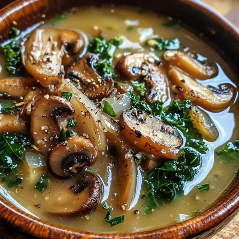Wild Mushroom, Caramelized Onion and Kale Soup