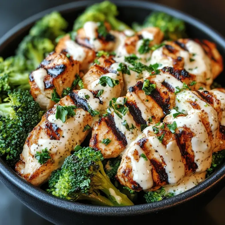 Grilled Chicken & Broccoli Bowls with Creamy Garlic Sauce